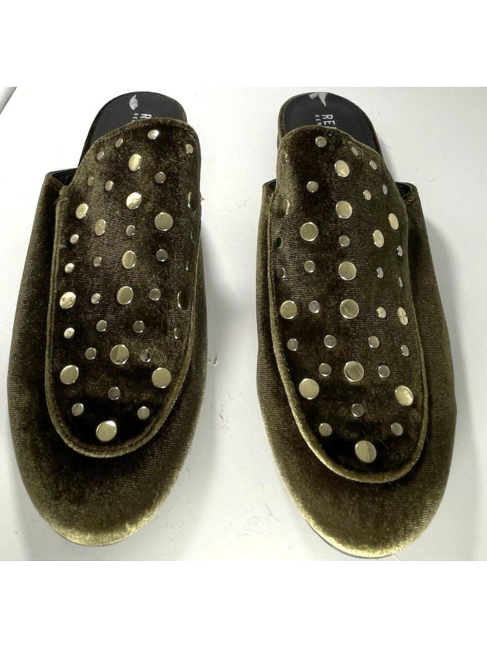 Kenneth Cole Reaction Wyatt Velvet Mules Gold Studded Olive Green Slides Sz 9